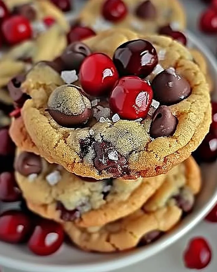 Maraschino cherry chocolate chip cookies fresh out of the oven.