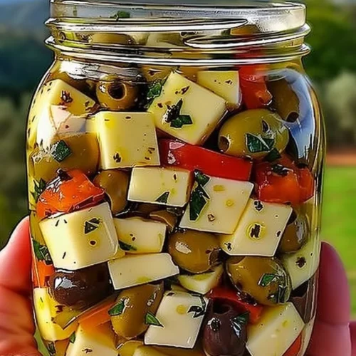 Plate of marinated cheese with olives ready for serving