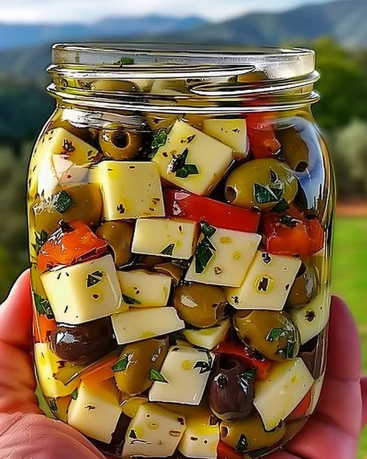 Plate of marinated cheese with olives ready for serving