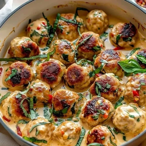 Marry Me Chicken Meatballs served with creamy sauce and fresh herbs