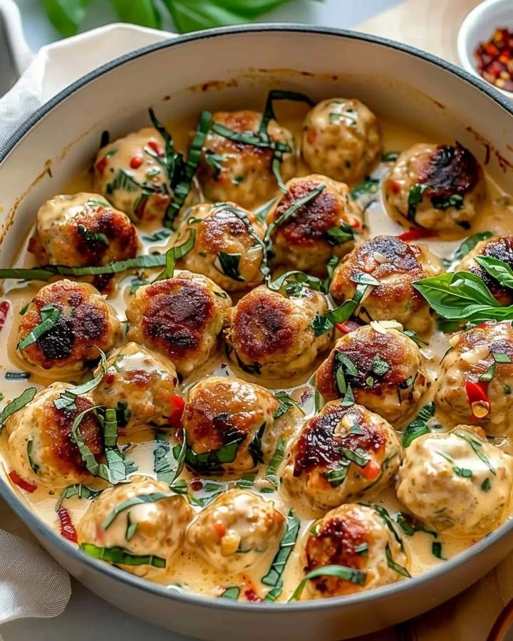 Marry Me Chicken Meatballs served with creamy sauce and fresh herbs