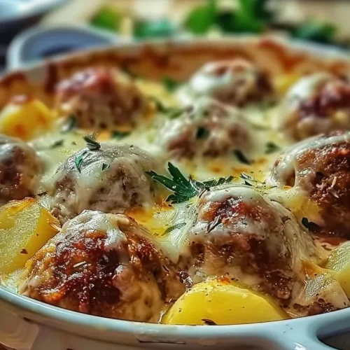 Delicious meatballs with potatoes and cheese served on a plate
