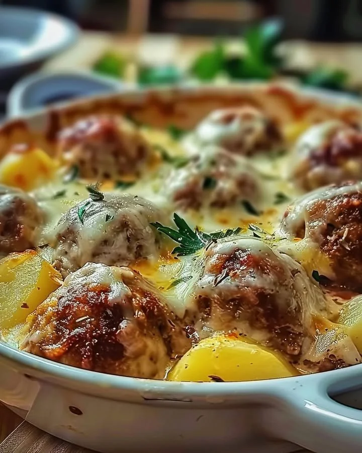 Delicious meatballs with potatoes and cheese served on a plate