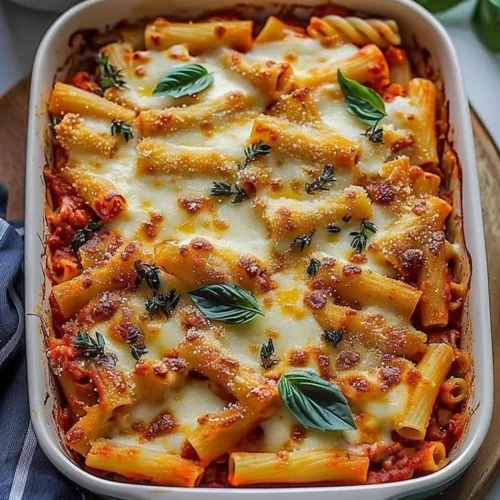 Delicious meatless baked ziti cooked with fresh ingredients