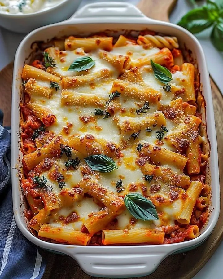 Delicious meatless baked ziti cooked with fresh ingredients