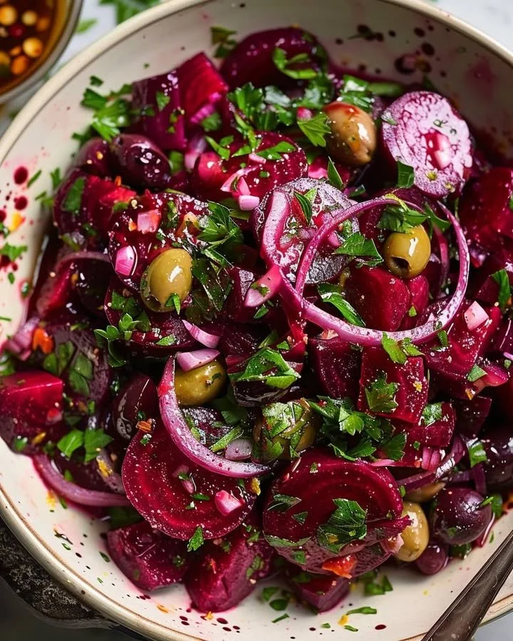 Mediterranean Beetroot and Olive Citrus Salad with fresh ingredients