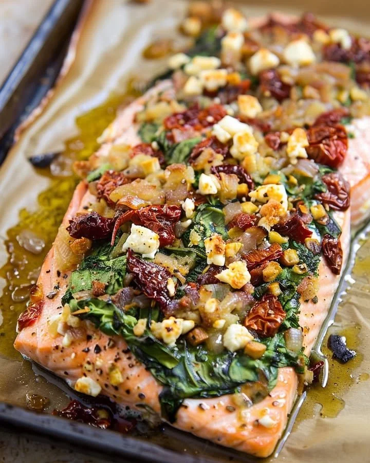 Mediterranean Salmon Bake garnished with herbs and lemon slices on a plate.