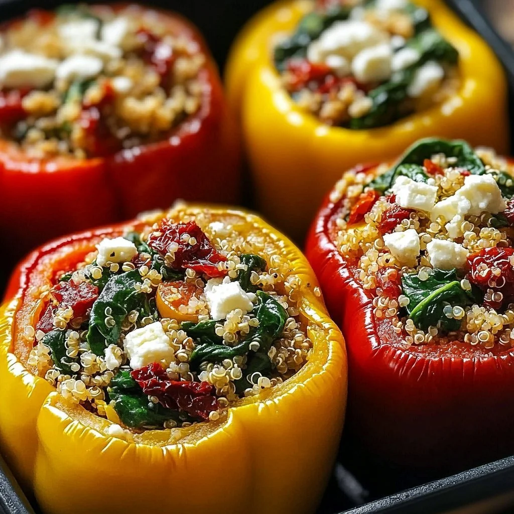 Mediterranean Spinach Feta Stuffed Peppers dish beautifully presented on a plate.