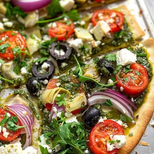 Delicious Mediterranean Veggie Flatbread topped with fresh vegetables