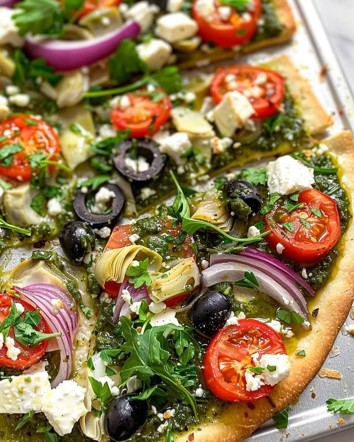 Delicious Mediterranean Veggie Flatbread topped with fresh vegetables