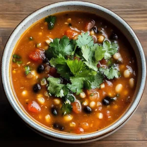 A bowl of Mexican beans and rice soup garnished with fresh cilantro.