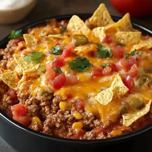 Hearty Mexican Casserole topped with cheese and fresh ingredients