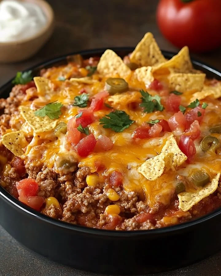Hearty Mexican Casserole topped with cheese and fresh ingredients