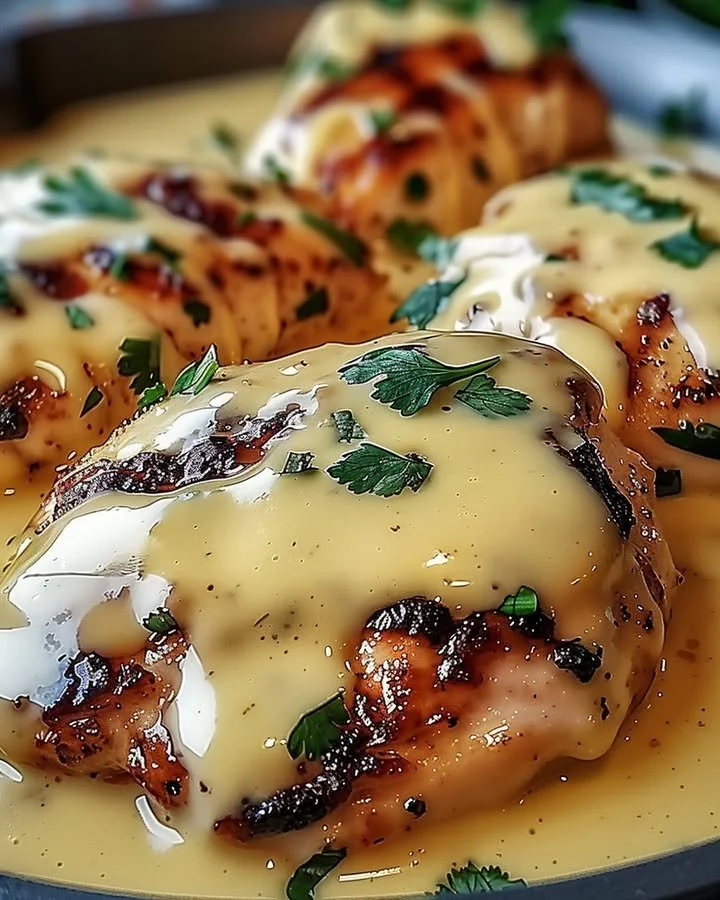 Delicious Mexican Chicken topped with creamy cheese sauce served on a plate.