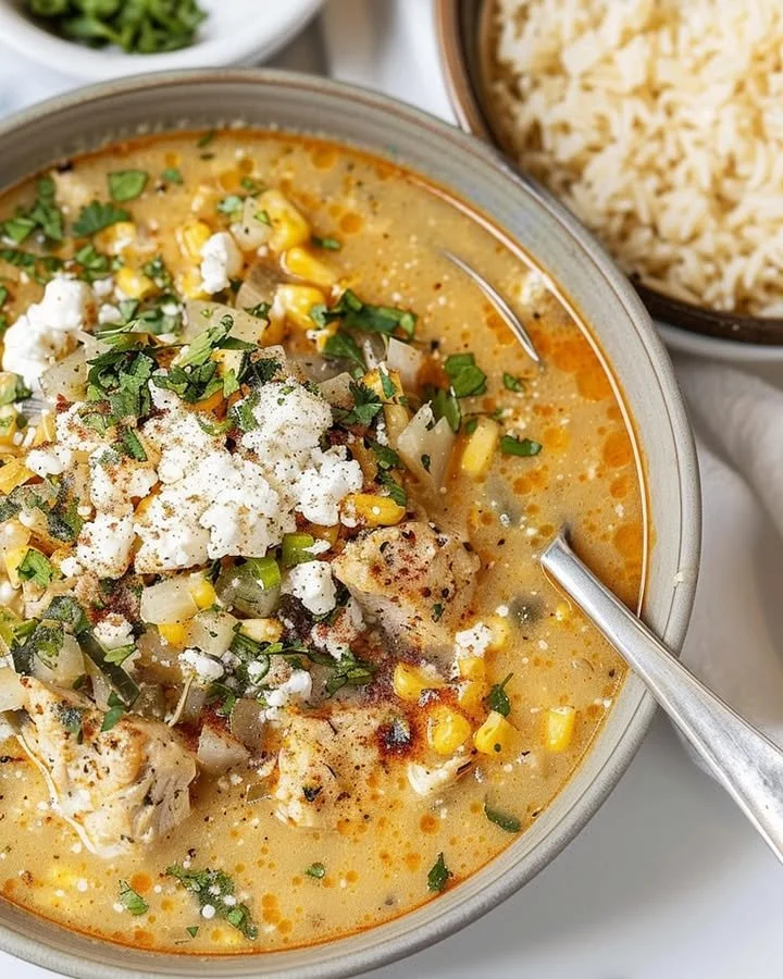 Bowl of creamy Mexican Street Corn Soup garnished with cilantro and lime.