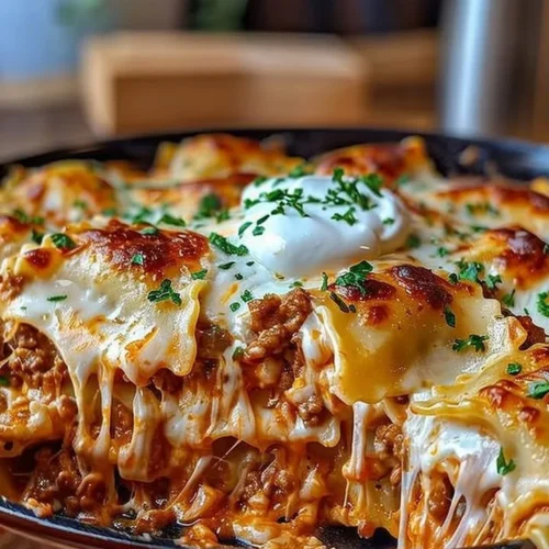 Delicious Million Dollar Ravioli Casserole topped with cheese and herbs
