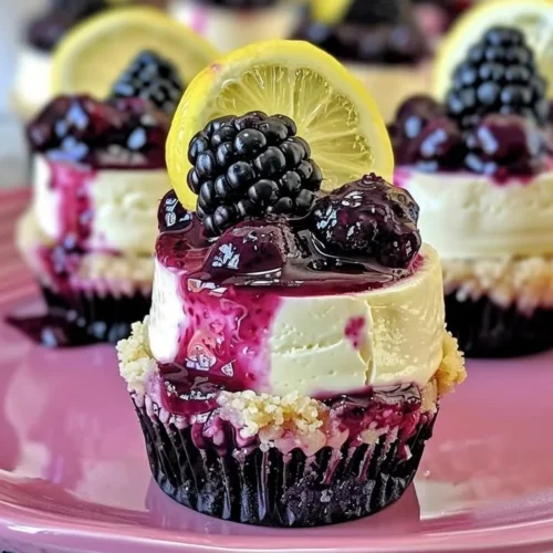Mini lemon blackberry cheesecakes garnished with fresh berries.