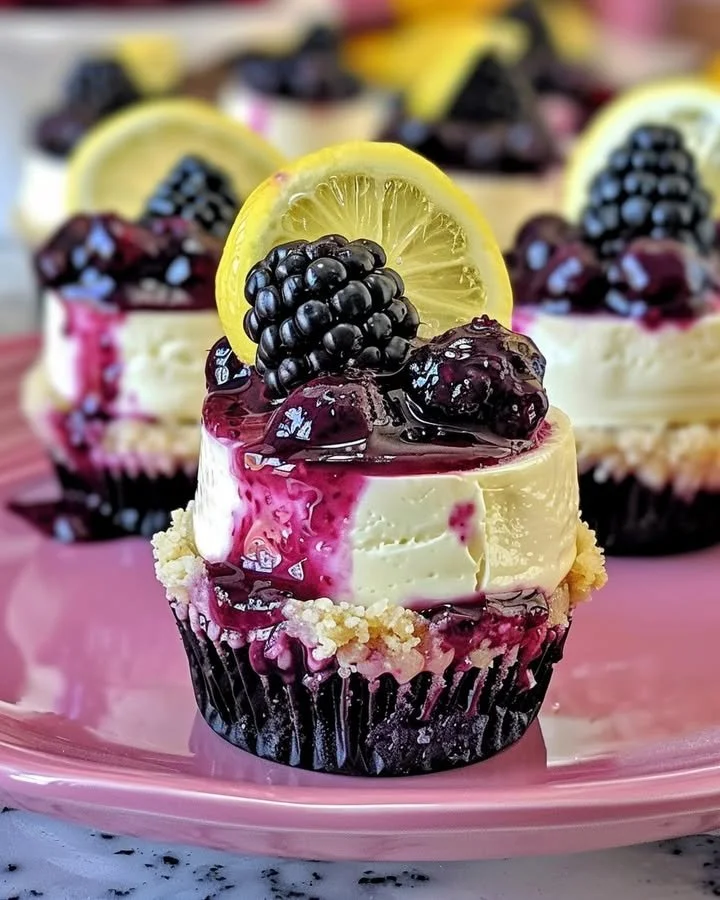 Mini lemon blackberry cheesecakes garnished with fresh berries.