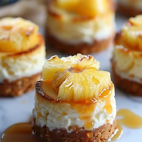 Mini pineapple upside-down cheesecakes topped with caramelized pineapple slices