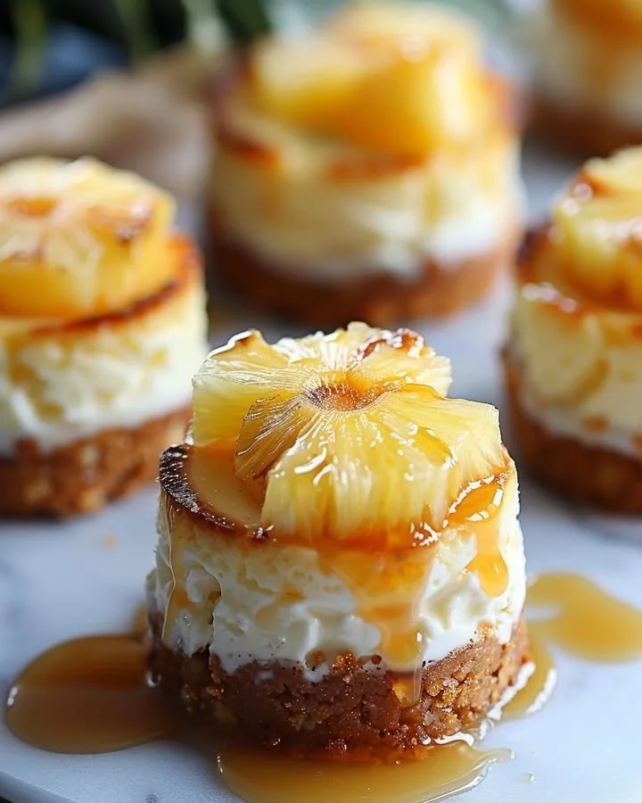 Mini pineapple upside-down cheesecakes topped with caramelized pineapple slices