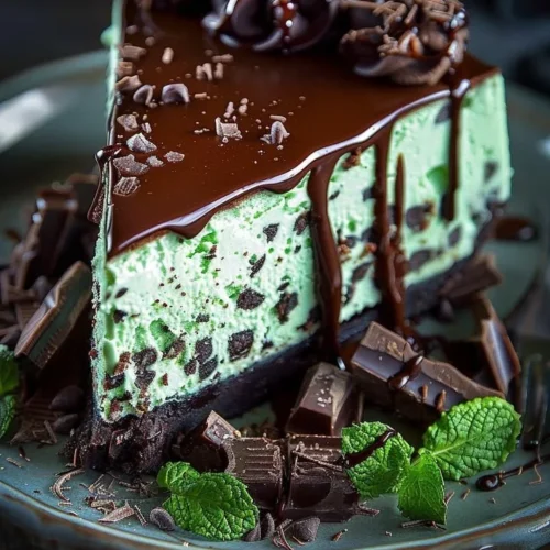 Delicious Mint Chocolate Cheesecake with chocolate ganache and mint garnish