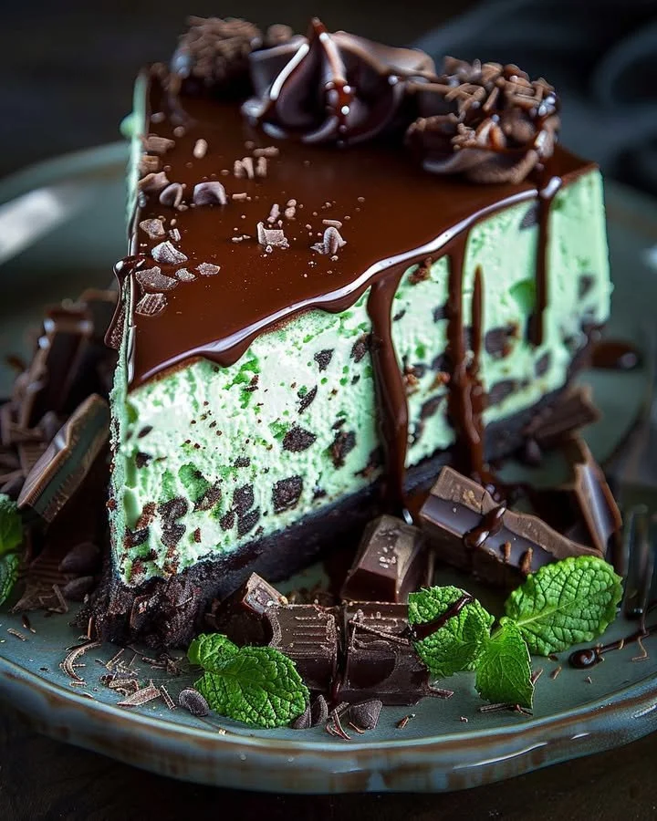 Delicious Mint Chocolate Cheesecake with chocolate ganache and mint garnish