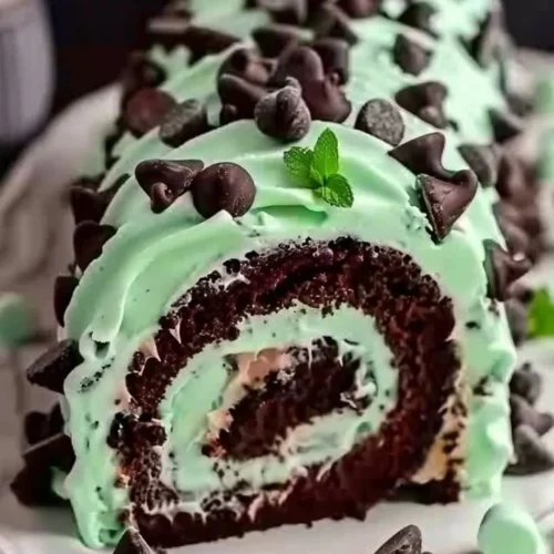 Delicious mint chocolate chip cake roll dessert with cream filling