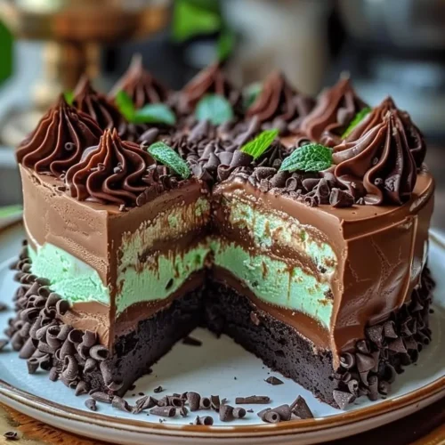 Mint Chocolate Fudge Cheesecake Cake with a rich, creamy texture and minty flavor