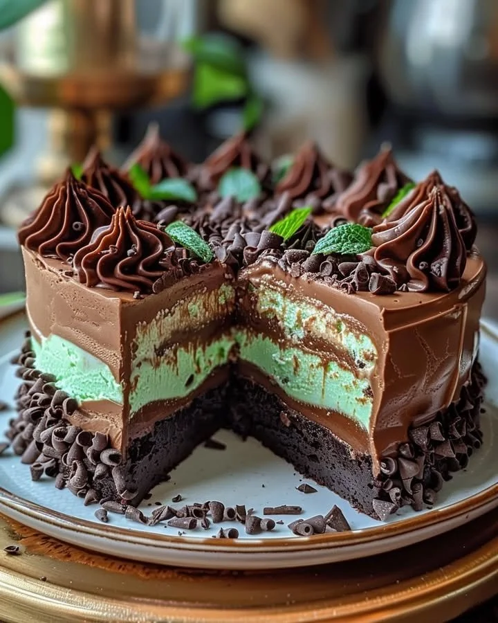 Mint Chocolate Fudge Cheesecake Cake with a rich, creamy texture and minty flavor
