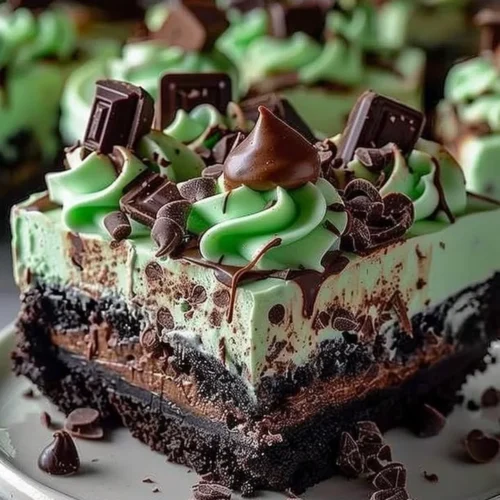 Slice of mint chocolate fudge cheesecake cake topped with chocolate shavings