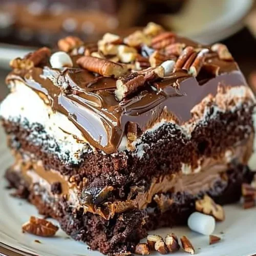 Delicious slice of Mississippi Mud Cake topped with chocolate and nuts