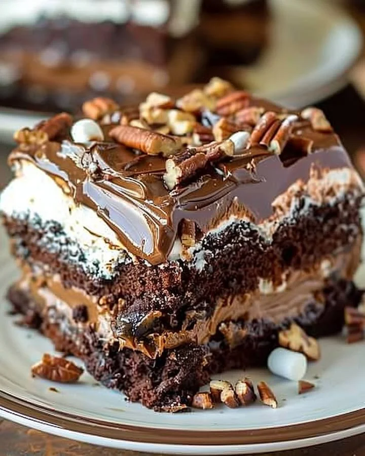 Delicious slice of Mississippi Mud Cake topped with chocolate and nuts