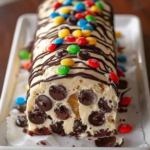 M&M's chocolate chip cookie dough ice cream cake roll dessert