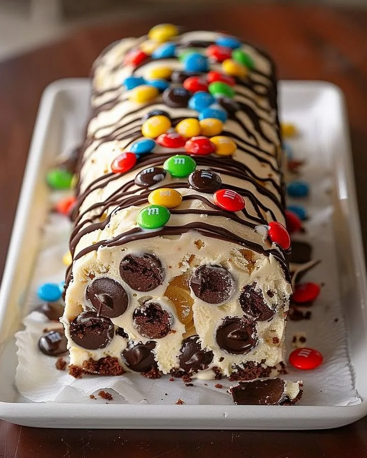 M&M's chocolate chip cookie dough ice cream cake roll dessert