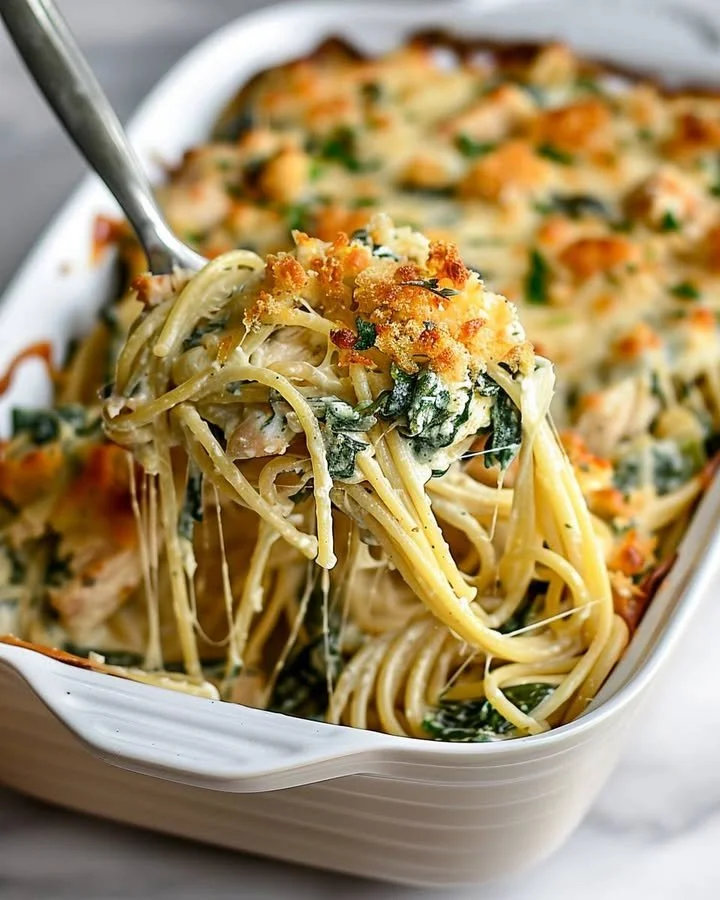 Baked Monterey Chicken Spaghetti with cheese and herbs in a casserole dish