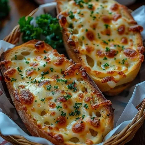 Mouthwatering cheesy garlic bread topped with melted cheese and garlic herbs