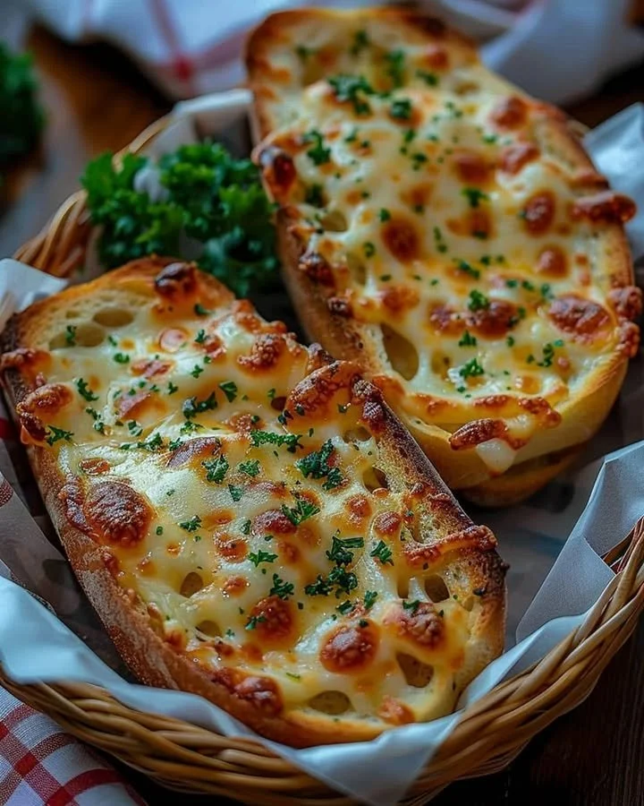 Mouthwatering cheesy garlic bread topped with melted cheese and garlic herbs