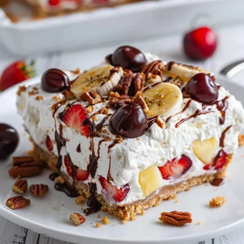 No Bake Banana Split Cheesecake Bars topped with cream and fruit.