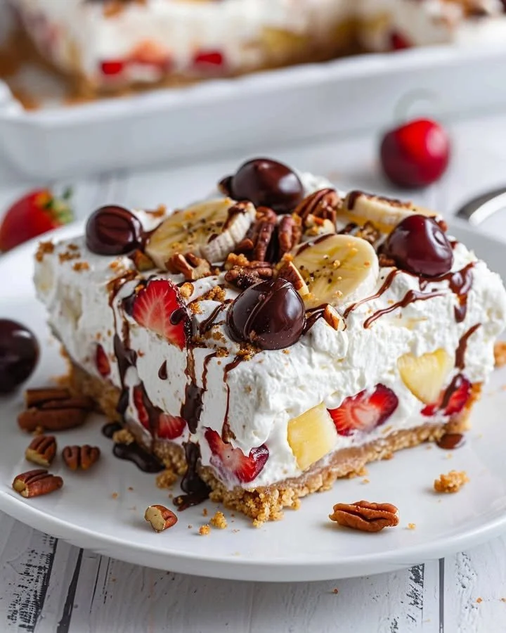 No Bake Banana Split Cheesecake Bars topped with cream and fruit.