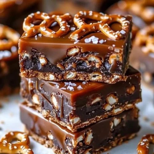 No-bake caramel pretzel crack bars topped with chocolate and sea salt.