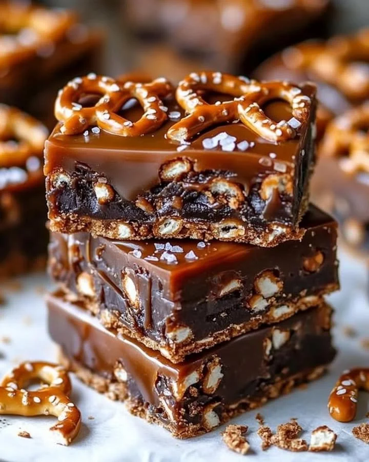 No-bake caramel pretzel crack bars topped with chocolate and sea salt.