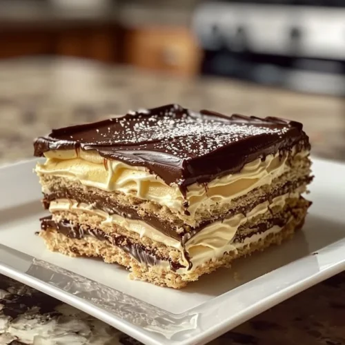 Delicious no-bake chocolate eclair cake topped with chocolate glaze and whipped cream.