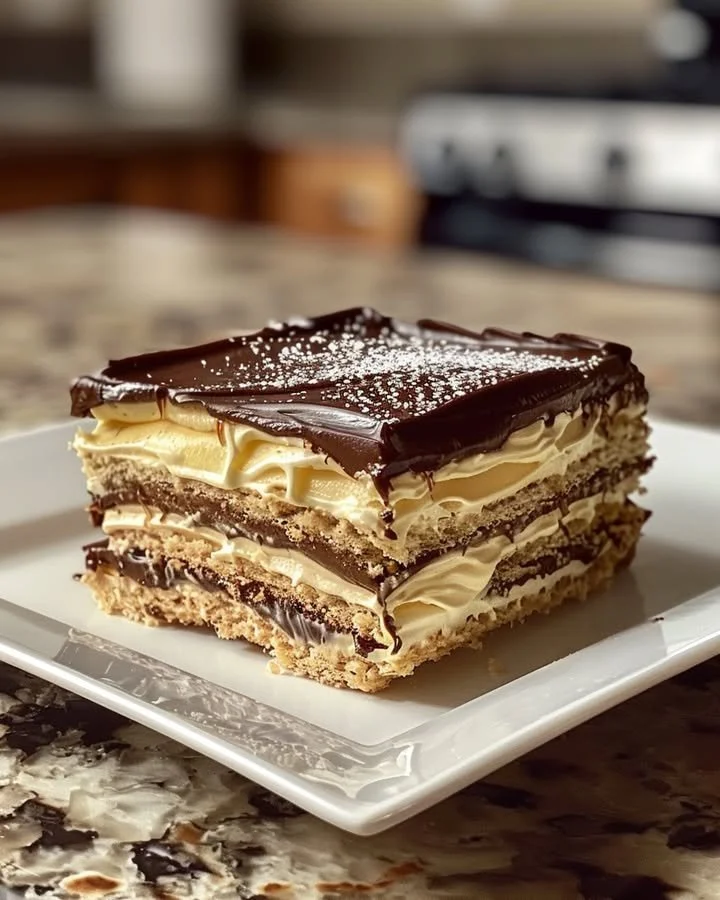 Delicious no-bake chocolate eclair cake topped with chocolate glaze and whipped cream.