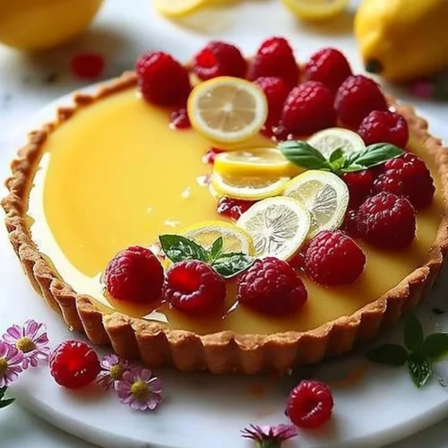No-bake lemon tart with raspberries and basil on a wooden table