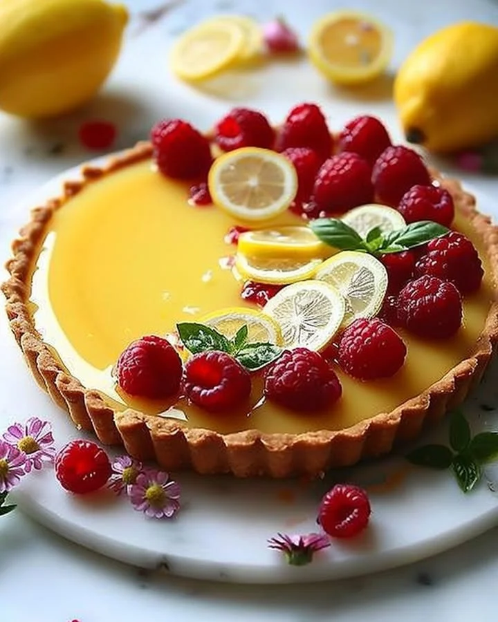 No-bake lemon tart with raspberries and basil on a wooden table