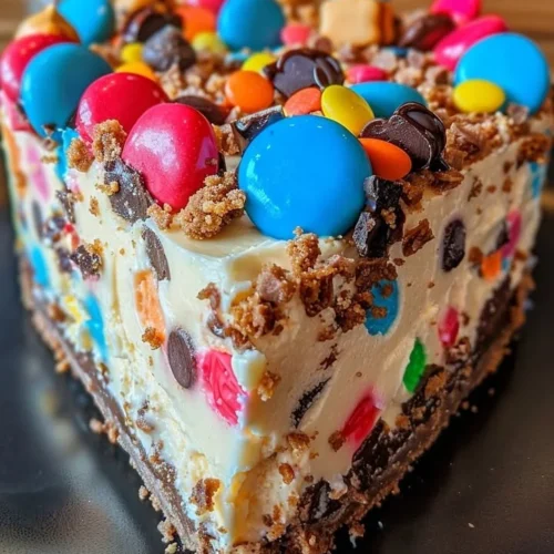 No-Bake Monster Cookie Dough Cheesecake topped with cookie dough and chocolate chips