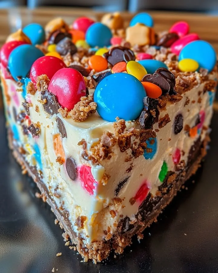No-Bake Monster Cookie Dough Cheesecake topped with cookie dough and chocolate chips
