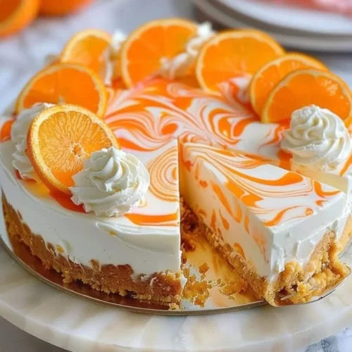 No-Bake Orange Creamsicle Cheesecake topped with orange slices and whipped cream
