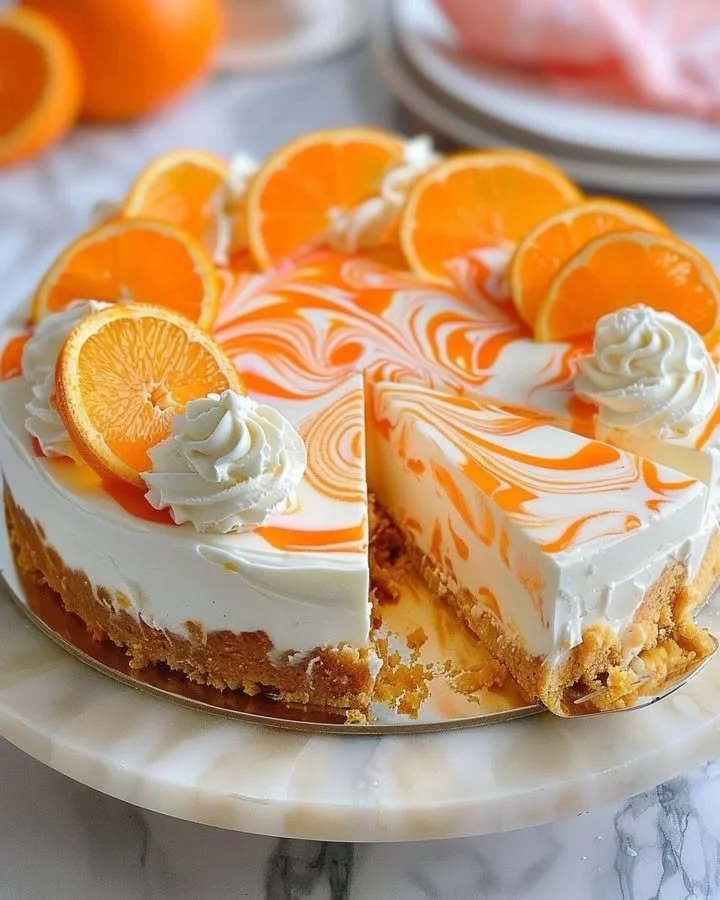 No-Bake Orange Creamsicle Cheesecake topped with orange slices and whipped cream