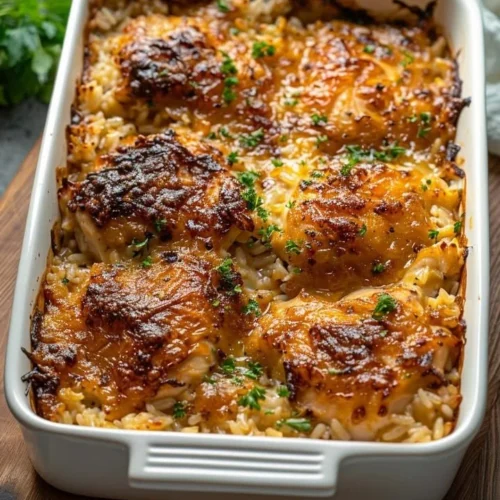 Delicious no-peek chicken rice casserole served in a bright casserole dish